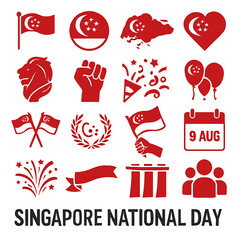 Symbolic Singapore National Day Icons in Red, Celebrating Unity and Patriotism.