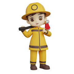 A 3D illustration of a young firefighter wearing a yellow suit, holding a fire axe on his shoulder, ready for action.