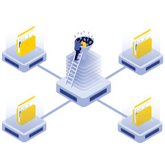 System Data Isometric. Vector illustration of Isometric visualization of a server node filtering binary data into organized file folders. Isolated on background