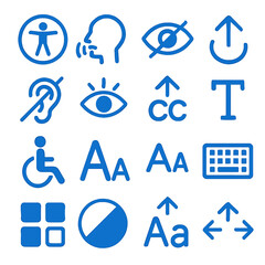 Collection of Blue Icons Representing Accessibility, Communication, and User Interface Elements.