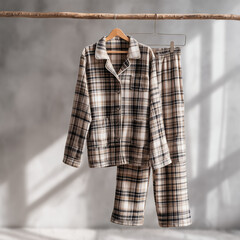 pajamas mock up, classic brown and black plaid flannel pajamas, fabric texture looks soft and fluffy, on manekin, bright gray background, ai generated images.