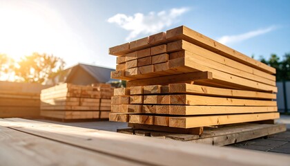 Sunlight Illuminates Stacked Lumber at Construction Site