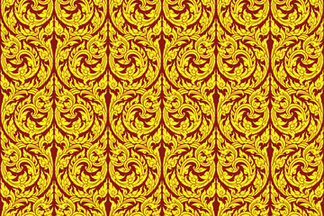 Traditional Thai art seamless bold gold colored floral pattern in damask style motif suitable for wallpaper, cloth, textile, tile and fabric design isolated over red colored background.