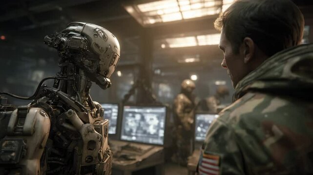 A military robot and a human soldier standing together during a briefing in a command center, tense atmosphere, tactical lighting