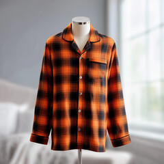 pajamas mock up, classic orange and black plaid flannel pajamas, fabric texture looks soft and fluffy, on manekin, bright gray background , ai generated images.