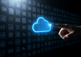 Fingertip hovers over a glowing blue cloud icon against a dark background filled with digital icons