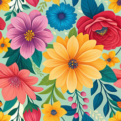 Vibrant Seamless Floral Pattern with Colorful Flowers and Leaves on Light Background - Vector Illustration