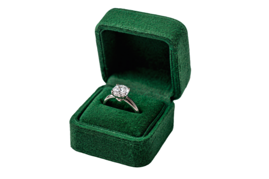 3D Render a diamond ring in a velvet box
