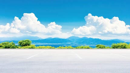 Empty parking lot with scenic mountains sky. Open nature landscape outdoors. Clouds, sunlight, blue sky, greenery, calm environment, peaceful day, clean background, panoramic view, tranquility,