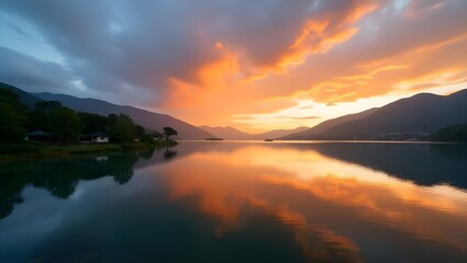 sunset on the lake, sunset over the lake, 
