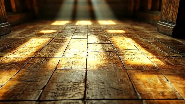 Sunlit Church Interior with Wooden Floor and Rays of Light Streaming Through Windows