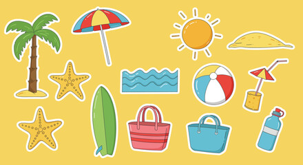 A vibrant collection of summer beach icons that evoke a sense of playful seaside adventures and carefree vacation vibes, radiating a playful summer holiday.