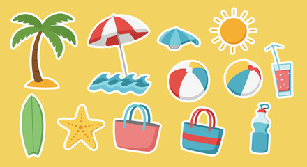 Colorful summer icons against a cheerful yellow background evoke the bliss of a sunny day at the beach, with elements like a surfboard, palm tree, and refreshing drink.