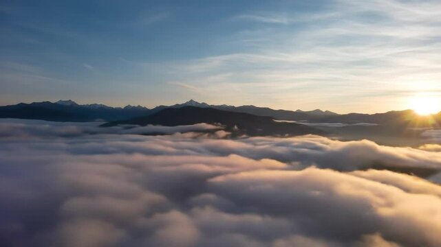 Beautiful orange and blue cloudscape reflections over a river at sunrise or sunset, or a mountain view at dawn