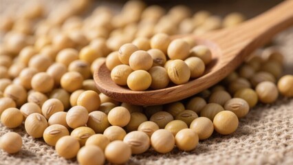 A wooden spoon holds plump soybeans, scattered on a linen cloth, presenting the simplicity and natural texture of the ingredients.