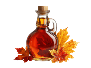Amber liquid in glass bottle with autumn leaves cork, Isolated, Transparent Png