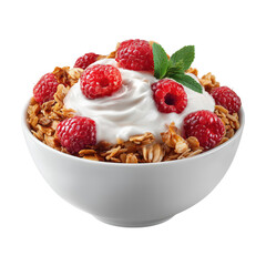 Healthy breakfast bowl of fresh muesli with strawberries, raspberries, and blueberries, topped with creamy yogurt