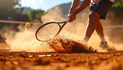 Realistic Tennis Player in Action with Flying Dust from Clay Court – Dynamic Sports Photography Capturing Intensity and Motion