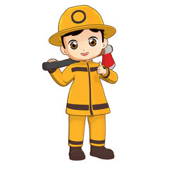 3D illustration of a cartoon firefighter boy in yellow uniform holding an axe and showing a thumbs-up confident pose.