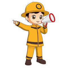 3D illustration of a cartoon firefighter boy in yellow uniform using a megaphone and pointing, promoting safety and emergency awareness.