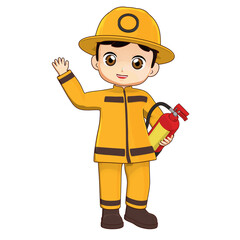 3D illustration of a cartoon firefighter boy waving hand while holding fire extinguisher, wearing yellow uniform and smiling cheerfully.