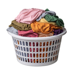Full laundry basket overflowing with colorful clothes isolated on transparent background