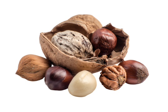 3D Render a bunch of nuts and nutshells on a white surface