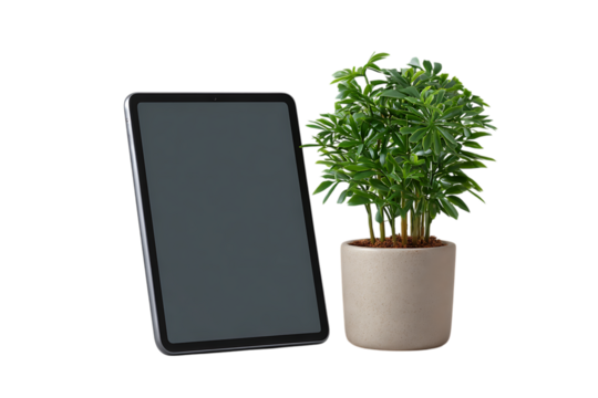 Modern tablet device leaning next to a potted green plant isolated on transparent background