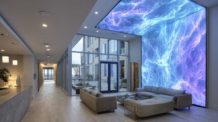 Mood-reactive spatial displays in wellness centers adjust ambient temperature, light movement, and visuals based on collective user emotion