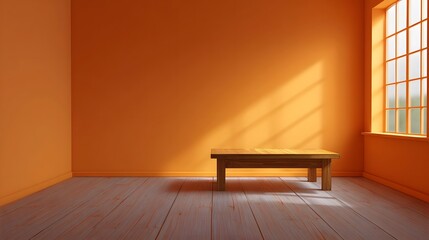 Fototapeta premium Peaceful and inviting empty room with warm orange walls a large square window casting geometric patterns of light onto the wooden floor and a simple wooden table