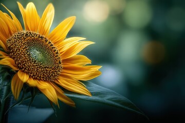 Naklejka premium Bright Sunflower Flower in Full Bloom with Yellow Petals and Green Leaf on Natural Background in a Garden du Daytime