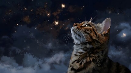 A curious tabby cat looking up in wonder at the dreamy starry night sky surrounded by a captivating whimsical atmosphere