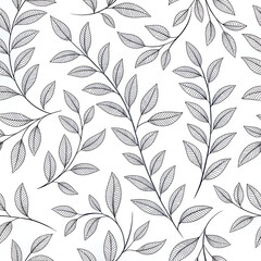 Fototapeta premium Monoline seamless pattern with fine botanical leaves, minimalist black-and-white design for wrapping paper 