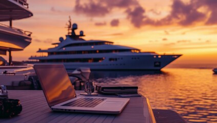 Luxury Yacht Harbor Sunset Work Laptop