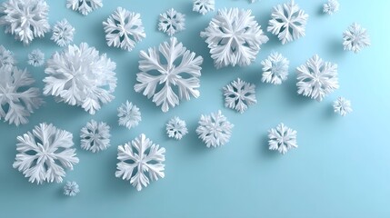 A tranquil and serene composition featuring delicate intricate white paper snowflakes floating on a soft pastel blue background