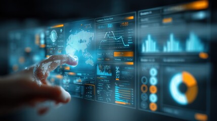 Advanced digital data analysis interface with futuristic technology charts graphs and financial metrics on a transparent touchscreen display