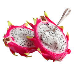 Fototapeta premium Halved Dragon Fruit with Scoop Marks and Juice Drops, Side-Angled View for Organic Style, Isolated on Transparent Background