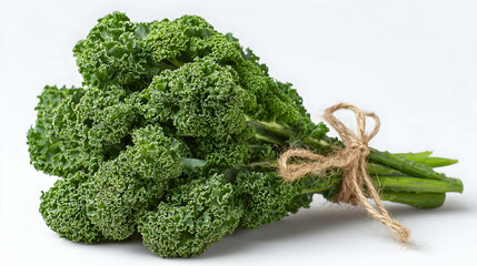 A bunch of fresh curly kale tied with natural twine, placed on a white background, highlighting its crisp green leaves and healthy, organic appearance.