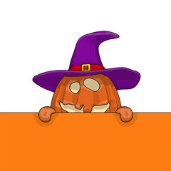 Halloween pumpkin funny and cute peeks out behind the wall. One of the symbols of the autumn holiday. Vector illustration.