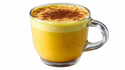 Warm turmeric latte served in a transparent glass mug, topped with a dusting of cinnamon powder, highlighting its golden color and frothy texture.