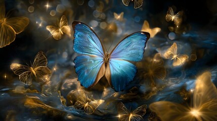 A radiant blue butterfly its wings shimmering with an otherworldly glow surrounded by a mesmerizing swarm of golden butterflies in a dreamlike enchanting setting