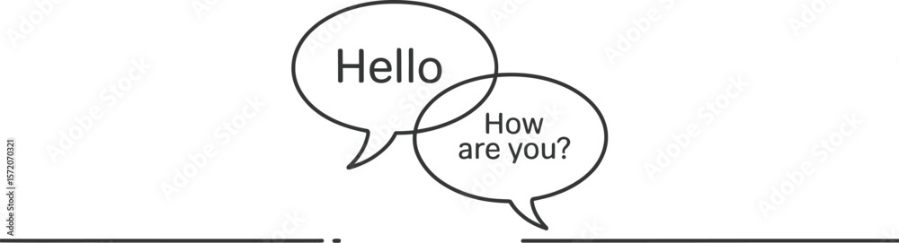Poster two speech bubbles showing hello and how are you on a white background with a black line below it
