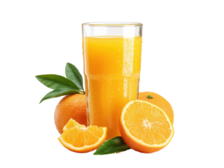 Fresh orange juice beverage with whole and sliced oranges and green leaves drink citrus, Isolated, Transparent Png