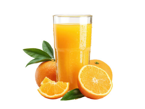Fresh orange juice beverage with whole and sliced oranges and green leaves drink citrus, Isolated, Transparent Png - Powered by Adobe