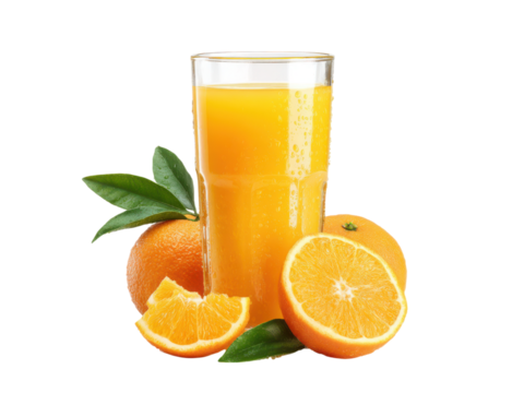 Fresh orange juice beverage with whole and sliced oranges and green leaves drink citrus, Isolated, Transparent Png
