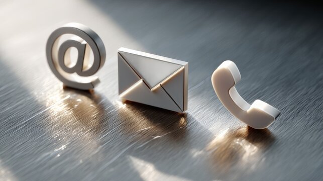 Modern communication technology concept featu email envelope, at symbol icon, and telephone receiver on reflective surface