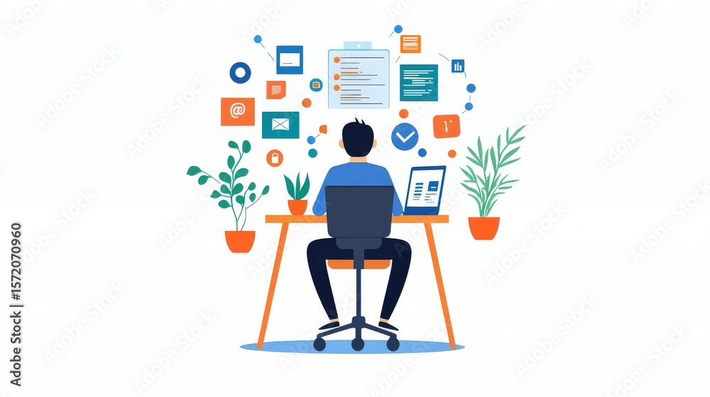 Poster abstract clipart of html tags and code snippets surrounding a focused developer icon, simple and fla