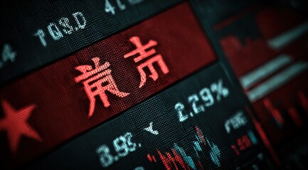 Close-up of digital stock market display with red declining Chinese characters and percentage drops on financial trading screen