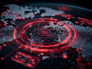 High-Tech Digital World Map with Red Interface and Geographical Data Visualizations for Cybersecurity and Global Technology Analysis