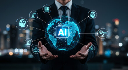 Obraz premium Businessman Presenting Artificial Intelligence Technology with Global Network, Machine Learning, Automation